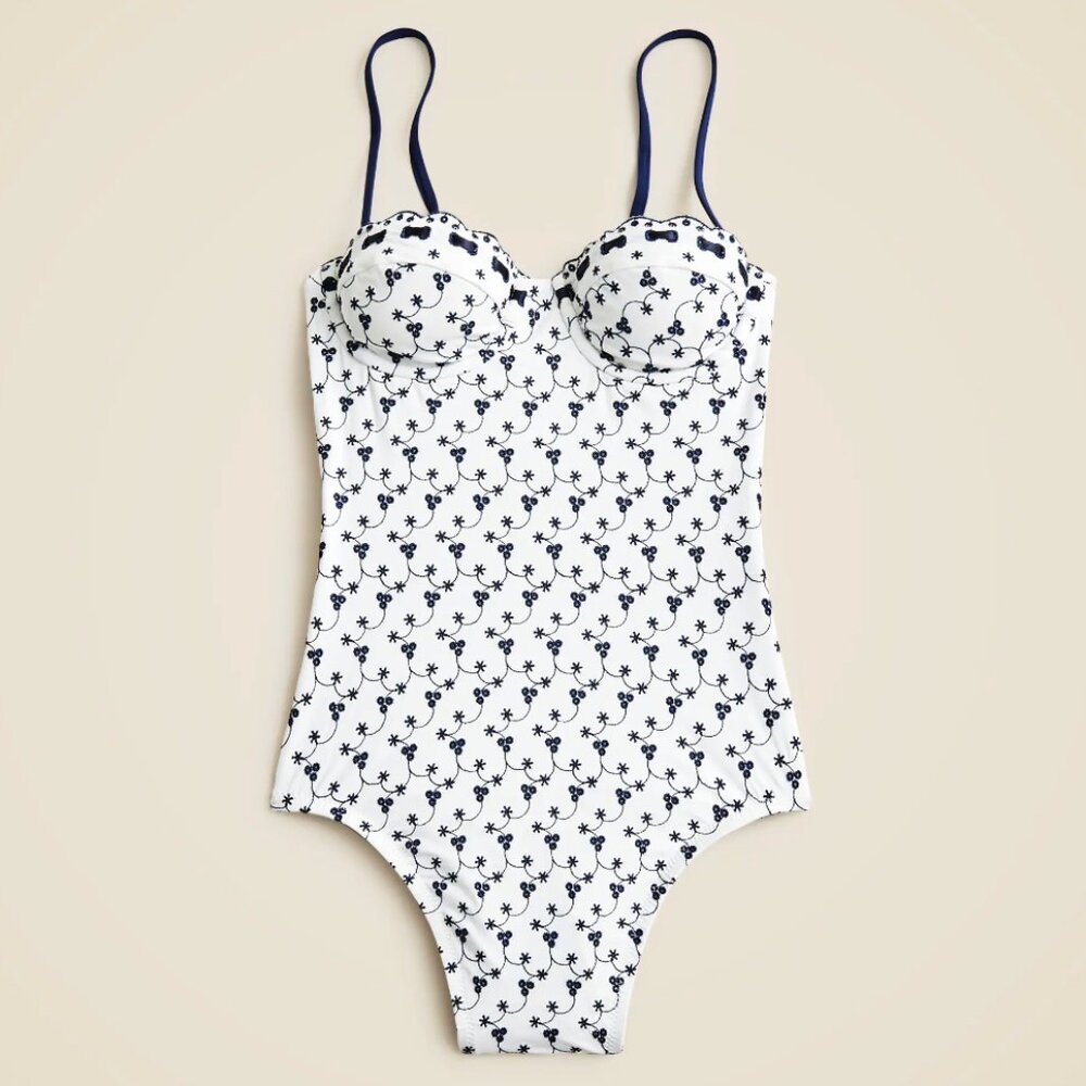 J.Crew | Embroidered Floral One-Piece Swimsuit | Navy & White | Size 8 EUC